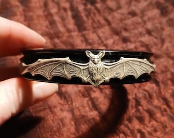 Bat Bangle! Black Cuff Bracelet with Silver Wide-Winged Bat - Goth / Gothic / Mystical / Witchy / Vampire