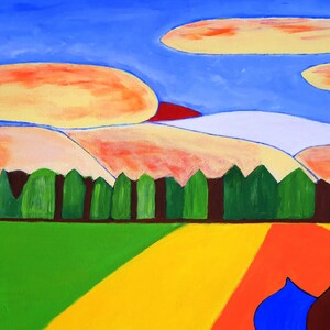 May include: Abstract painting with a blue sky, orange and yellow clouds, green trees, and a field of green, yellow, orange, and blue.