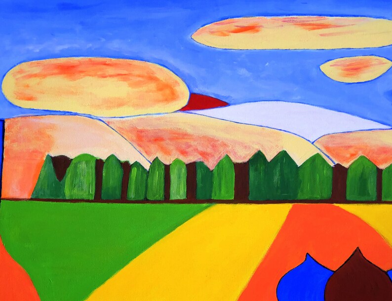 May include: Abstract painting with a blue sky, orange and yellow clouds, green trees, and a field of green, yellow, orange, and blue.