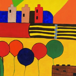 May include: A colorful abstract painting with a yellow background. The painting features a row of houses, a fence, a pond, and a group of balloons in red, orange, blue, and green.