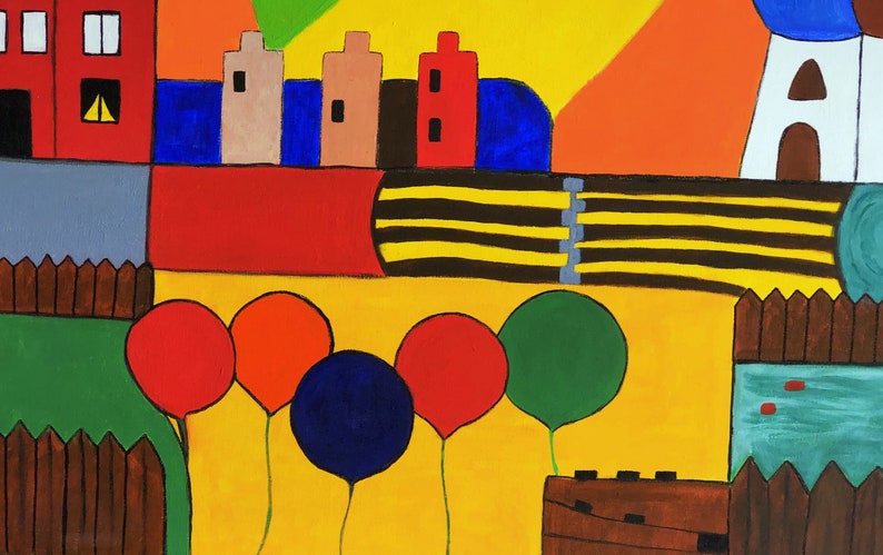 May include: A colorful abstract painting with a yellow background. The painting features a row of houses, a fence, a pond, and a group of balloons in red, orange, blue, and green.