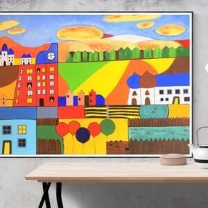 May include: A colorful abstract painting depicting a town with houses, trees, and a blue sky. The painting is done in a whimsical style with bold colors and simple shapes.