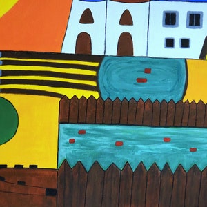 May include: A colorful abstract painting with a red building, a blue circle, a yellow and orange background, a white building with windows, a brown fence, a green tree, a blue pond, and red circles in the pond.