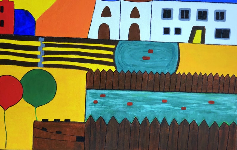 May include: A colorful abstract painting with a red building, a blue circle, a yellow and orange background, a white building with windows, a brown fence, a green tree, a blue pond, and red circles in the pond.