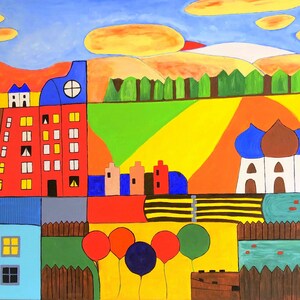 May include: A colorful painting of a town with houses, a tall building, and a church. The houses are red, blue, and white, and the tall building is red with a blue roof. The church has a brown dome and a blue roof. The painting is set against a background of green hills and a blue sky.