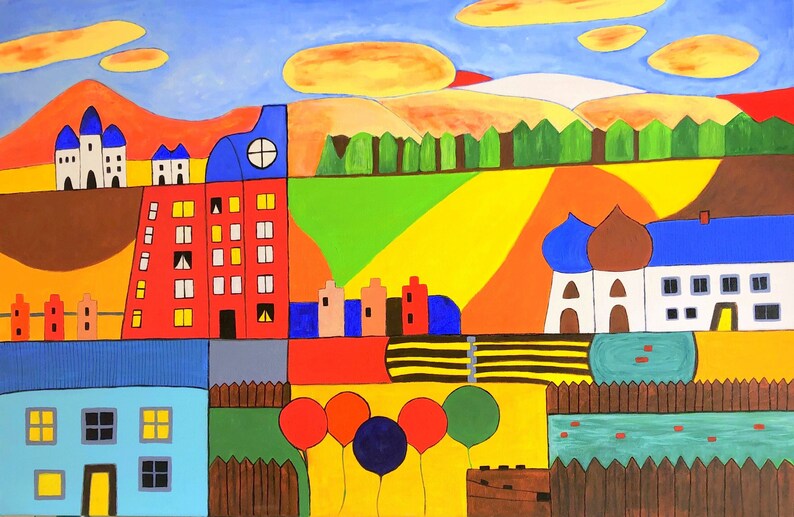 May include: A colorful painting of a town with houses, a tall building, and a church. The houses are red, blue, and white, and the tall building is red with a blue roof. The church has a brown dome and a blue roof. The painting is set against a background of green hills and a blue sky.