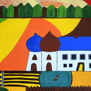 May include: A colorful abstract painting depicting a white building with a blue roof and brown domes. The building is set against a background of green trees, yellow and orange fields, and a blue pond.