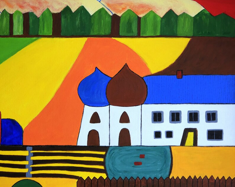 May include: A colorful abstract painting depicting a white building with a blue roof and brown domes. The building is set against a background of green trees, yellow and orange fields, and a blue pond.