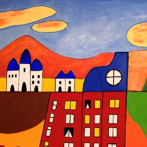 May include: A colorful abstract painting of a cityscape with a red, orange, and yellow sky. The buildings are white, blue, and red with geometric shapes. The painting is done in a simple, childlike style.