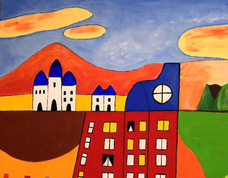 May include: A colorful abstract painting of a cityscape with a red, orange, and yellow sky. The buildings are white, blue, and red with geometric shapes. The painting is done in a simple, childlike style.