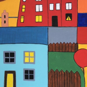 May include: A colorful painting of a town with houses, fences, and balloons. The houses are painted in shades of red, blue, and yellow. The fences are brown, and the balloons are red, orange, and blue.