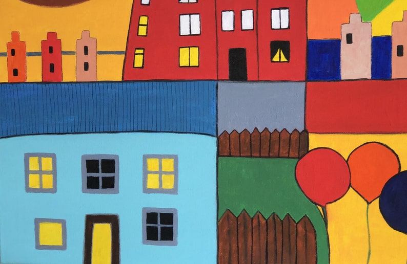 May include: A colorful painting of a town with houses, fences, and balloons. The houses are painted in shades of red, blue, and yellow. The fences are brown, and the balloons are red, orange, and blue.