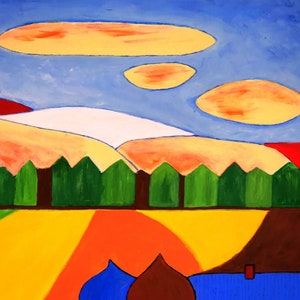 May include: Abstract painting of a landscape with a white hill, green trees, and orange, yellow, and red fields. The sky is blue with orange clouds.