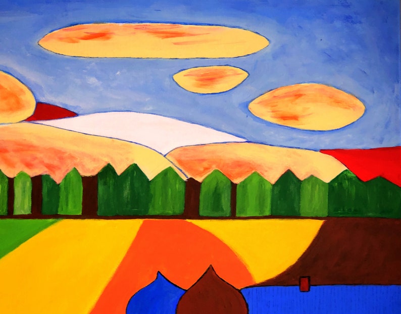 May include: Abstract painting of a landscape with a white hill, green trees, and orange, yellow, and red fields. The sky is blue with orange clouds.