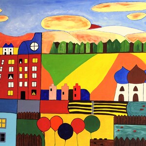 May include: A colorful abstract painting depicting a town with buildings, trees, and a pond. The painting features a variety of colors, including red, blue, yellow, green, and brown. The buildings are stylized and have simple shapes. The trees are green and have a rounded shape. The pond is blue and has a few red dots in it.