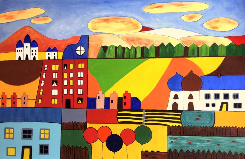 May include: A colorful abstract painting depicting a town with buildings, trees, and a pond. The painting features a variety of colors, including red, blue, yellow, green, and brown. The buildings are stylized and have simple shapes. The trees are green and have a rounded shape. The pond is blue and has a few red dots in it.