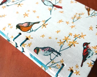 Handmade Hardcover Journal, "Dawn Chorus" pink birds cotton fabric cover, Coptic French link binding, Blank (J-C3)