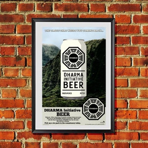 LOST DHARMA Initiative Beer advertisement ABC tv show Poster 70&#39;s  Style Original Artwork 11x17 inches Poster Print