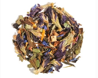 May include: A blend of loose leaf tea with white tea, blue pea flowers, and dried fruit pieces.