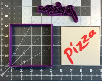May include: Purple plastic cookie cutter in the shape of the word "pizza" with a red "pizza" imprint on a white surface.