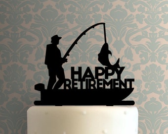 Może przedstawiać: Czarny topper do tortu w kształcie sylwetki osoby łowiącej ryby z łodzi z napisem "Happy Retirement".