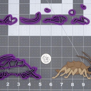 May include: Purple plastic cookie cutters shaped like a cockroach, a banana, a leaf, and a beetle. The cutters are on a gray cutting mat with white grid lines. A brown plastic cockroach cookie cutter is also shown.