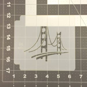 May include: A black and white stencil of the Golden Gate Bridge. The stencil is on a white background.