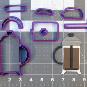 May include: A set of eight purple plastic cookie cutters shaped like a French press coffee maker, a coffee cup, a coffee bean, a lid, a handle, a plunger, and two different sizes of coffee pot spouts.