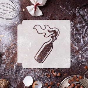 May include: A white stencil of a Molotov cocktail on a brown surface covered in white flour. The stencil is surrounded by various baking ingredients, including nuts, eggshells, and a whisk.