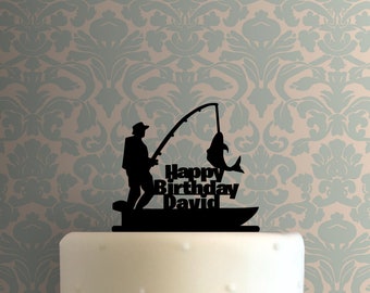 Custom Fisherman Happy Birthday Name 225-B346 Cake Topper