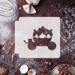 May include: White stencil of a horse-drawn carriage with a crown on top, on a brown surface with flour scattered around it.