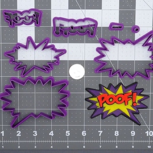 May include: A set of five purple plastic cookie cutters shaped like speech bubbles. One cutter has the word "POOF!" in red and yellow letters inside the bubble. The other four cutters are blank.