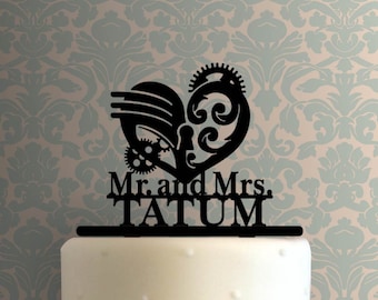 Décoration de gâteau personnalisée avec nom de mariage en forme de cœur Steampunk 225-A938
