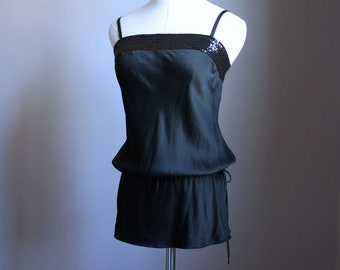 XS Black Silk & Sequin Camisole, Tie Waist