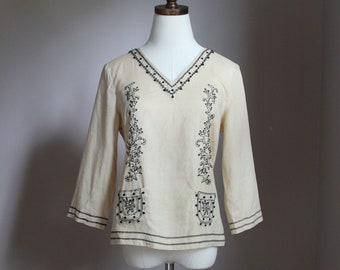 Women's Petite Beige Linen Shirt, Black Beading