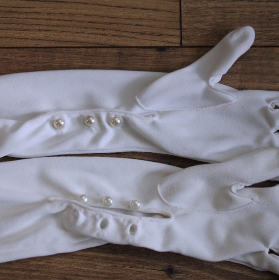 Petite Vintage Opera Gloves, Ivory White, Pearl B… - image 1