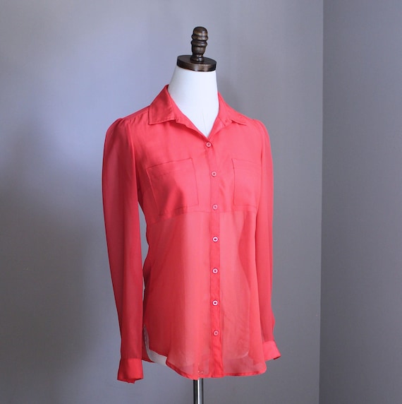 Orange Pattern Sheer High Low Easy Blouse Neck Tie