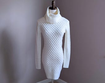 Cream Cable Knit Sweater Dress, Cowl Neck XS
