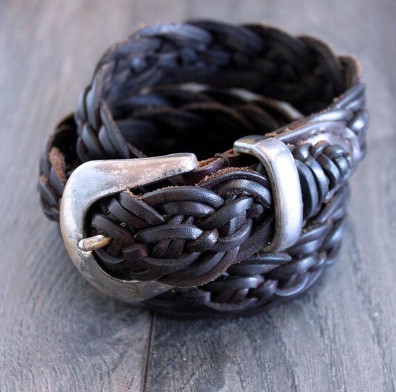 Vintage Dark Brown Genuine Leather Braided Belt with Silver Tone Buckle Vintage Braided Brown Leather Belt With Silver Metal Buckle  main image 4