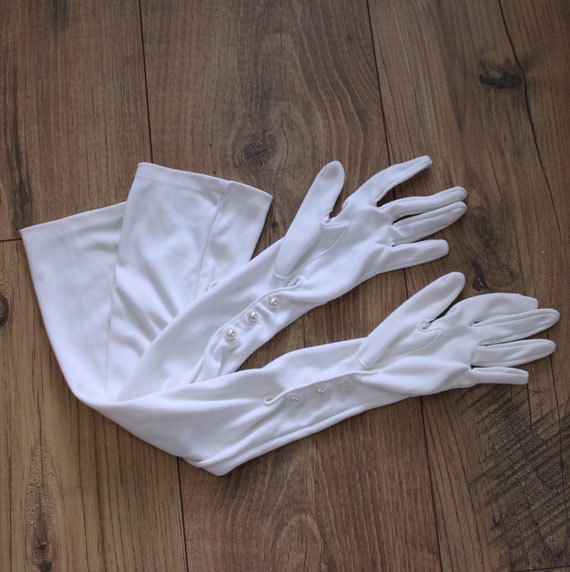 Petite Vintage Opera Gloves, Ivory White, Pearl B… - image 3