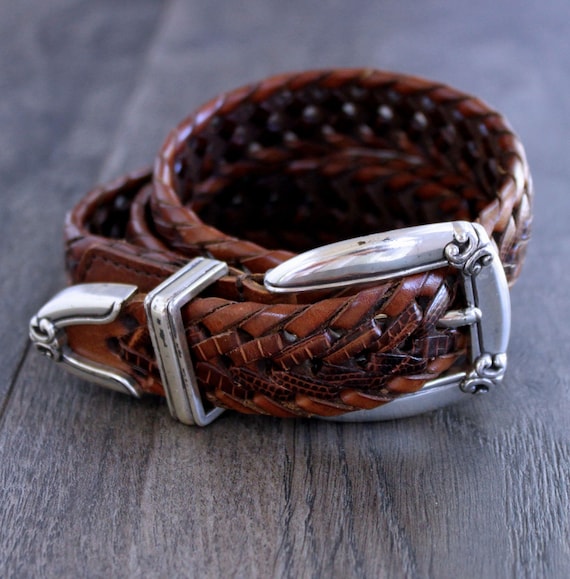 Vintage Fossil Leather Belt, Brown Woven, Size S - image 1