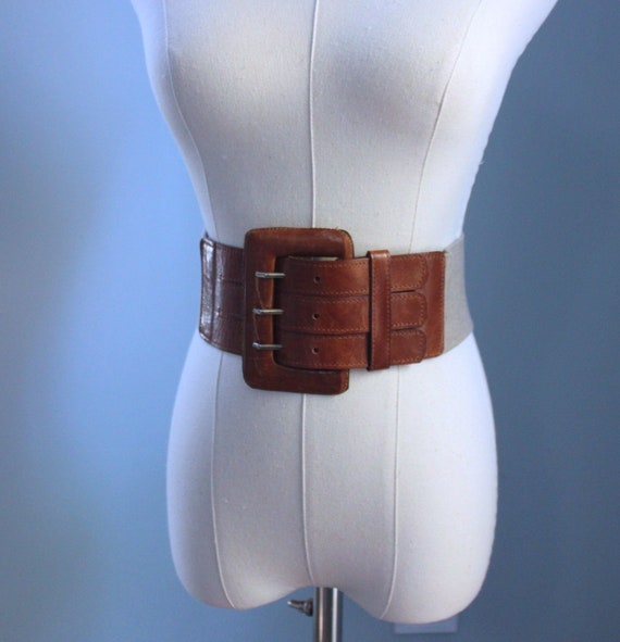 Vintage Wide Cognac Leather Stretch Belt, Ciprian… - image 1