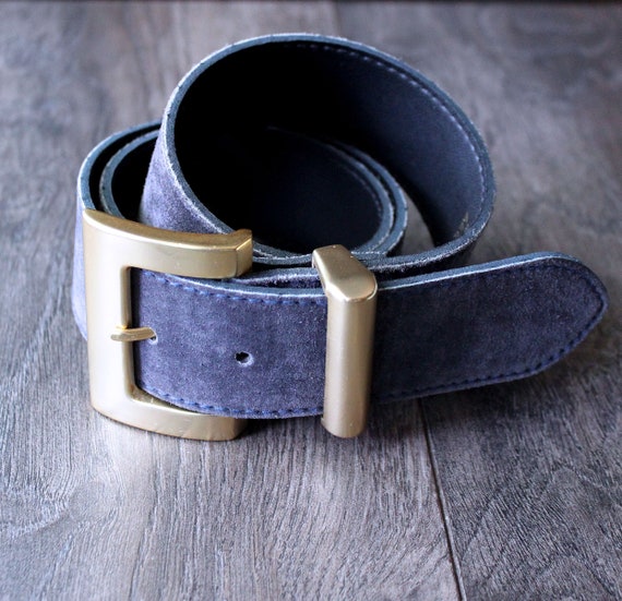 Blue Suede Leather Belt, Gold Buckle, Medium - image 1