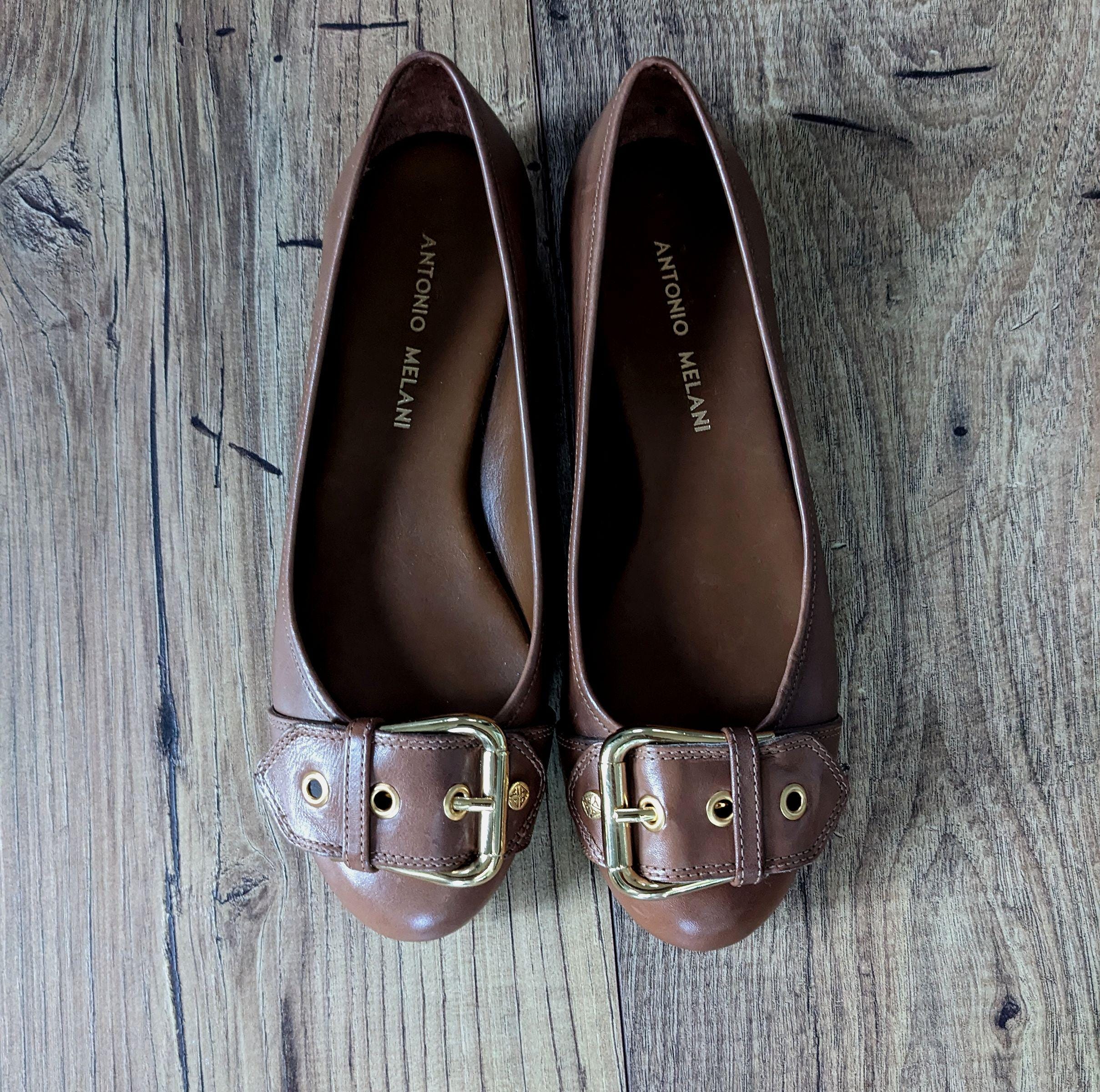 Brown Leather Flats, Gold Buckle, Size 6M - Etsy