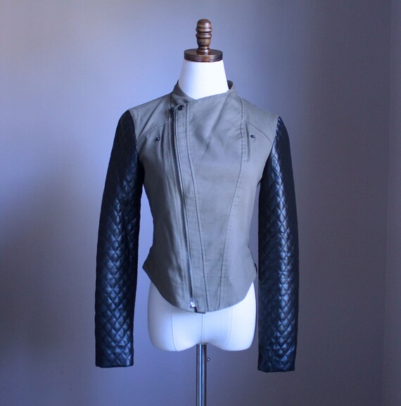 Women's XS Moto Jacket, Khaki Green Black Vegan L… - image 5