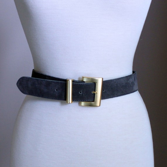 Blue Suede Leather Belt, Gold Buckle, Medium - image 2