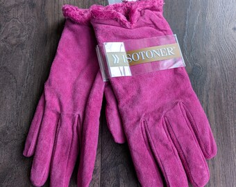 Isotoner Small Pink Suede Gloves, Faux Fur Lining