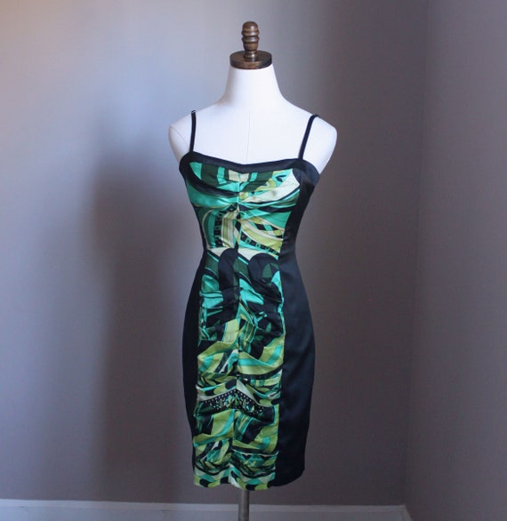 XS Silk Slip Dress, Black and Green - image 5