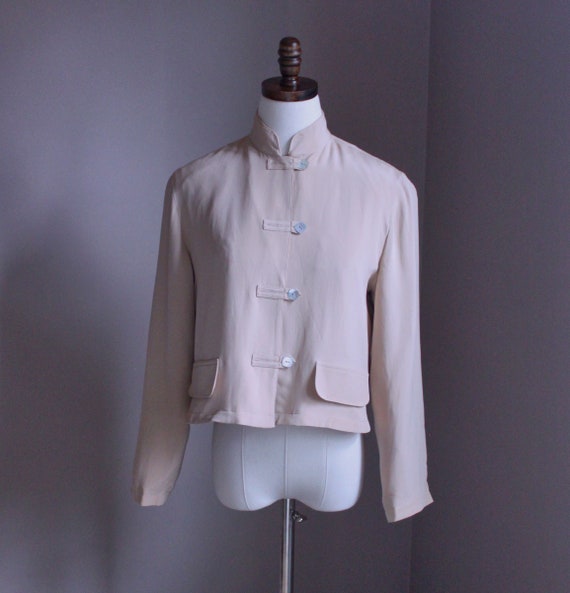 Vintage Silk Jacket, Nehru Style, Small Beige