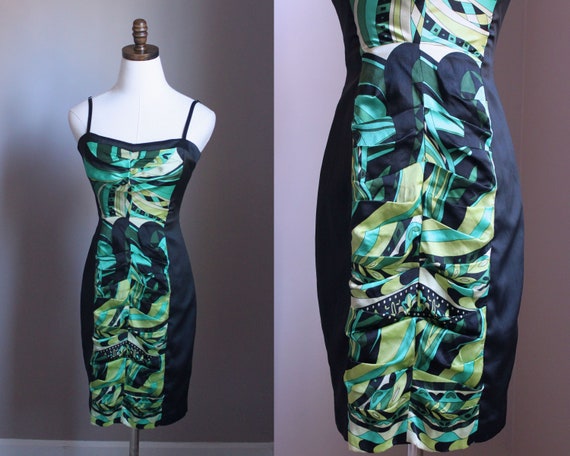 XS Silk Slip Dress, Black and Green - image 1